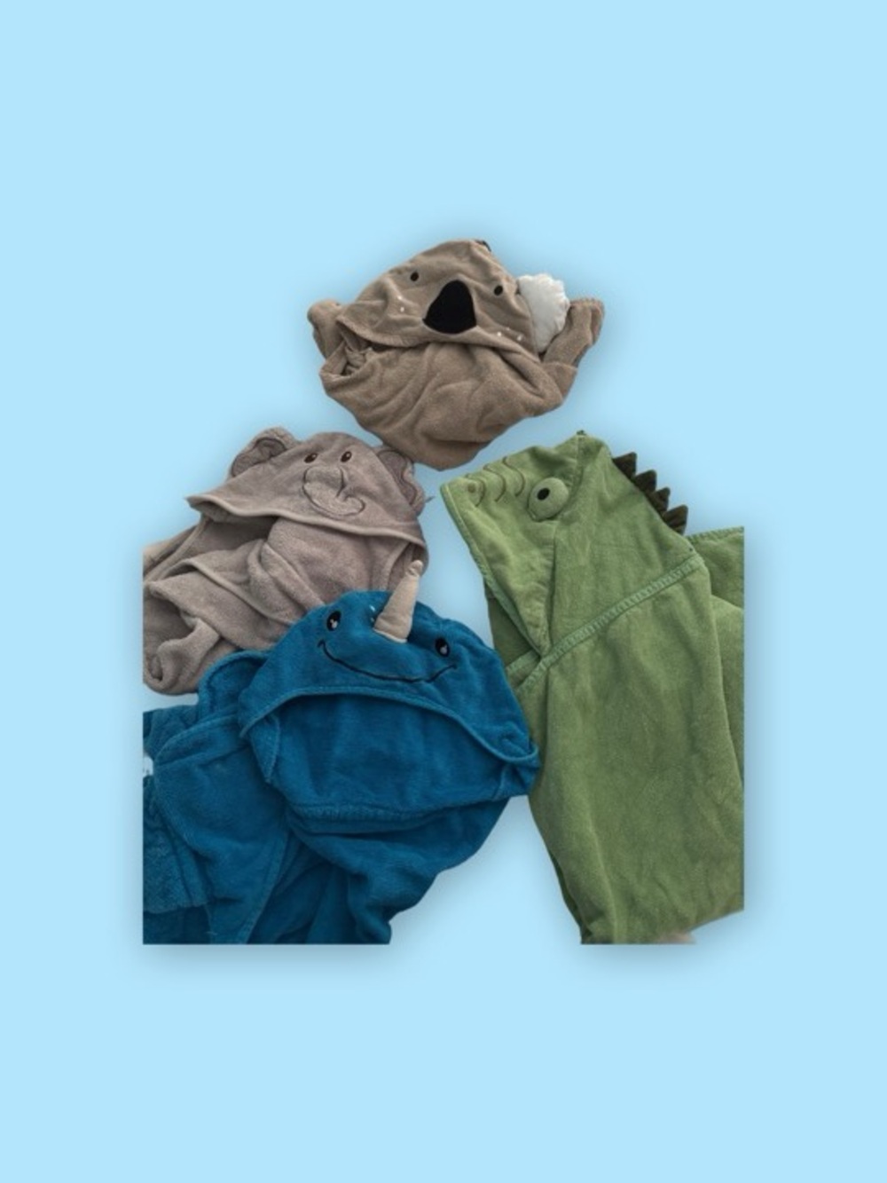 Kids Animal Hooded Towels - Blue Narwhal, Green Dino, Grey Koala, Grey Elephant
